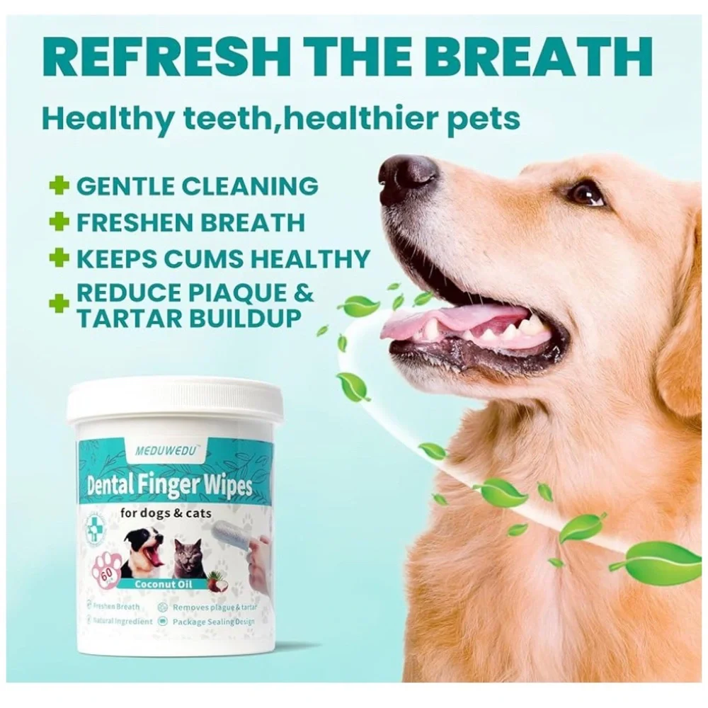 Dental finger wipes for dogs & cats Freshens breath,removes plaque. 60 Count